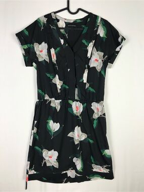 Banana Republic Black Floral V-Neck Elastic Waist Mini Dress